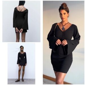 NWT Zara Blue Stones Necklace insert Mini Long Sleeves Black Dress L​​​​